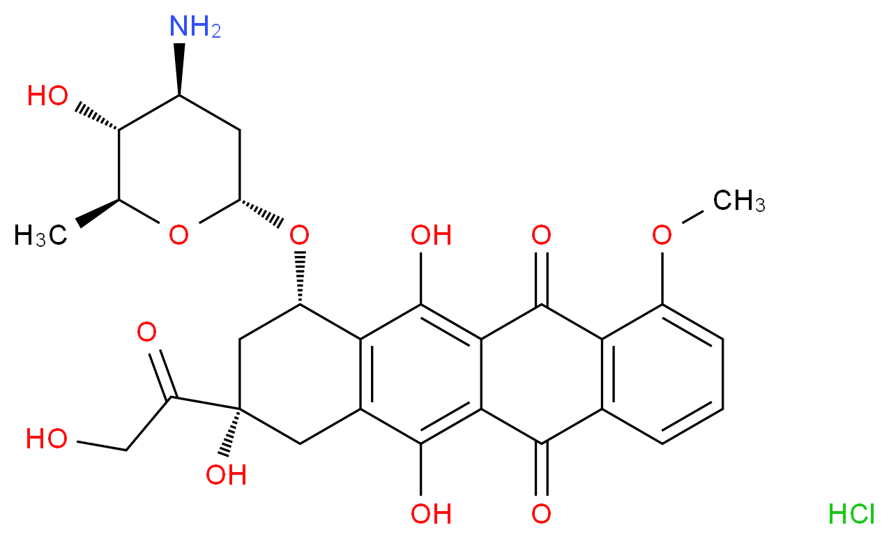 (8S,10S)-10-{[(2R,4S,5R,6S)-4-amino-5-hydroxy-6-methyloxan-2-yl]oxy}-6,8,11-trihydroxy-8-(2-hydroxyacetyl)-1-methoxy-5,7,8,9,10,12-hexahydrotetracene-5,12-dione hydrochloride_分子结构_CAS_56390-09-1