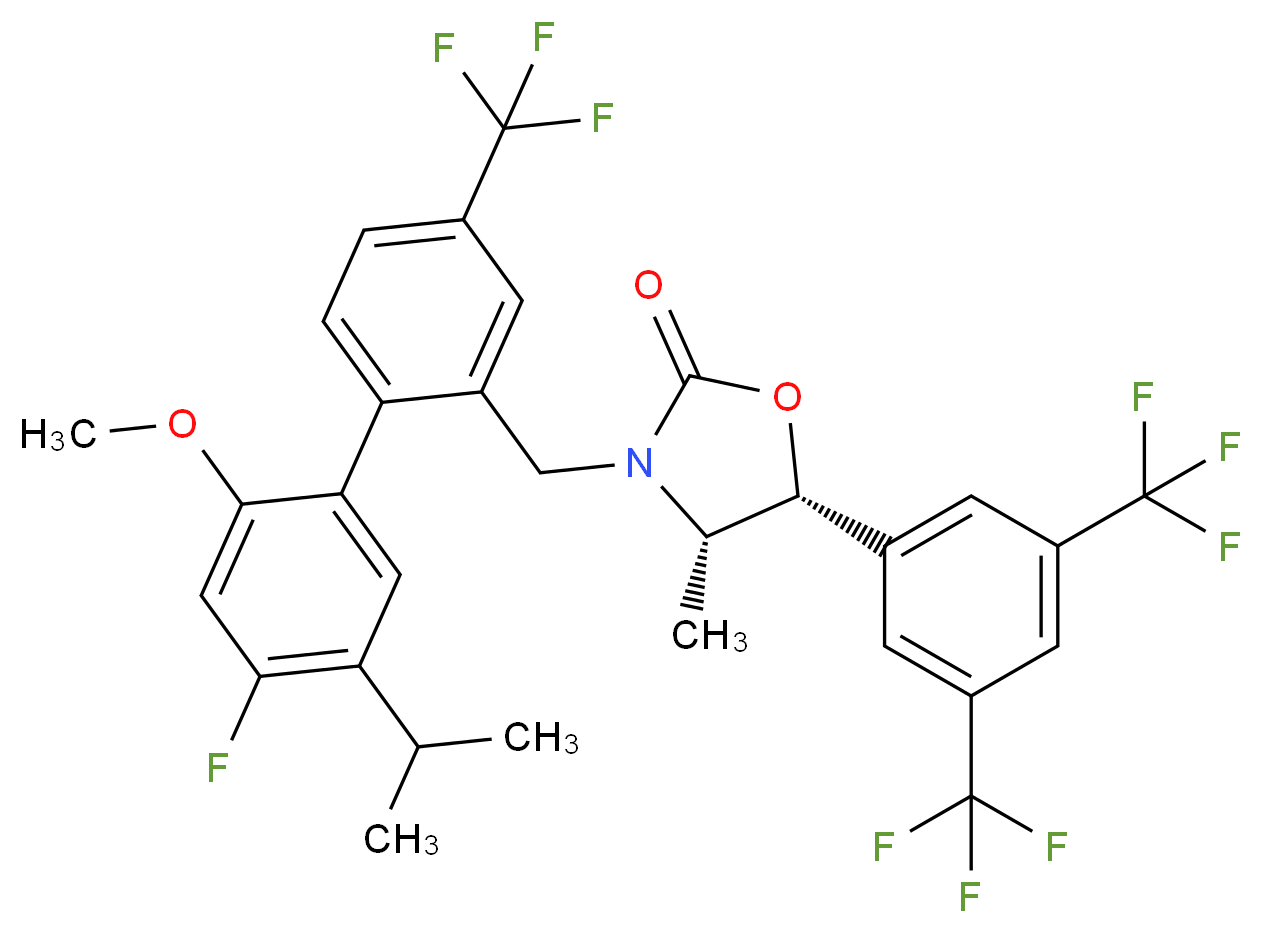 (4S,5R)-5-[3,5-bis(trifluoromethyl)phenyl]-3-({2-[4-fluoro-2-methoxy-5-(propan-2-yl)phenyl]-5-(trifluoromethyl)phenyl}methyl)-4-methyl-1,3-oxazolidin-2-one_分子结构_CAS_875446-37-0
