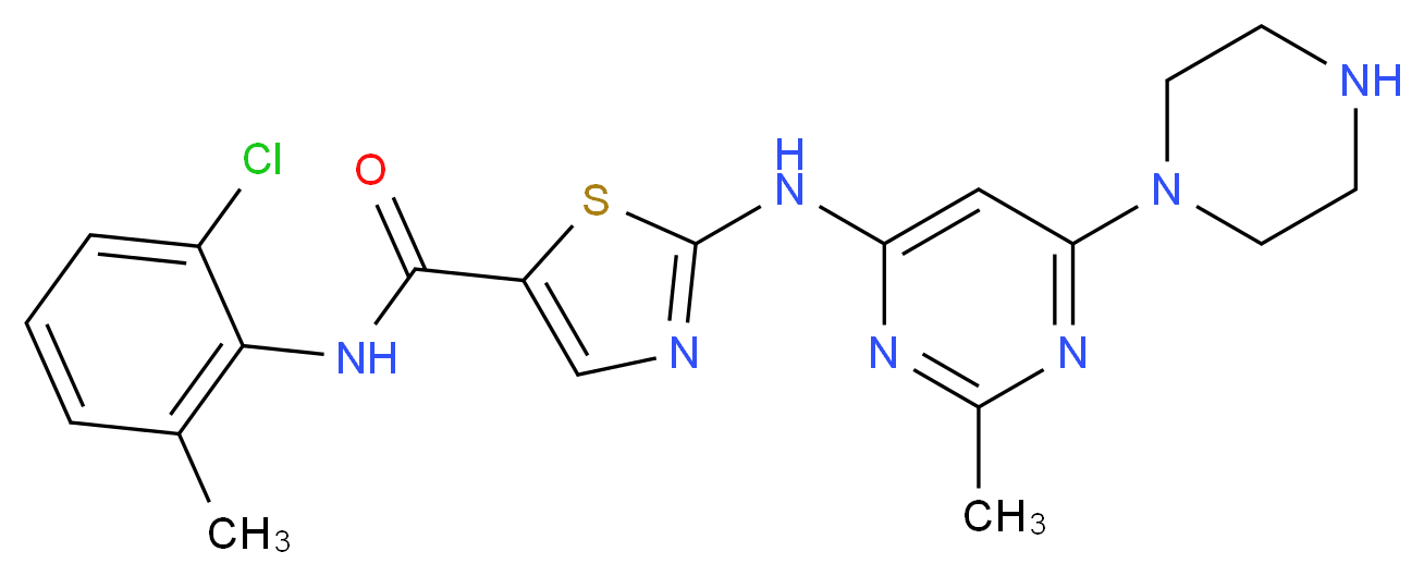 N-(2-chloro-6-methylphenyl)-2-{[2-methyl-6-(piperazin-1-yl)pyrimidin-4-yl]amino}-1,3-thiazole-5-carboxamide_分子结构_CAS_910297-51-7