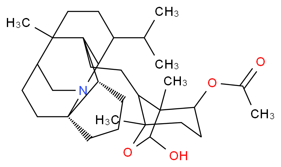 7-hydroxy-1,5-dimethyl-8-{2-[(3S,7R)-1-methyl-14-(propan-2-yl)-12-azapentacyclo[8.6.0.0<sup>2</sup>,<sup>1</sup><sup>3</sup>.0<sup>3</sup>,<sup>7</sup>.0<sup>7</sup>,<sup>1</sup><sup>2</sup>]hexadecan-2-yl]ethyl}-6-oxabicyclo[3.2.1]octan-2-yl acetate_分子结构_CAS_39729-21-0