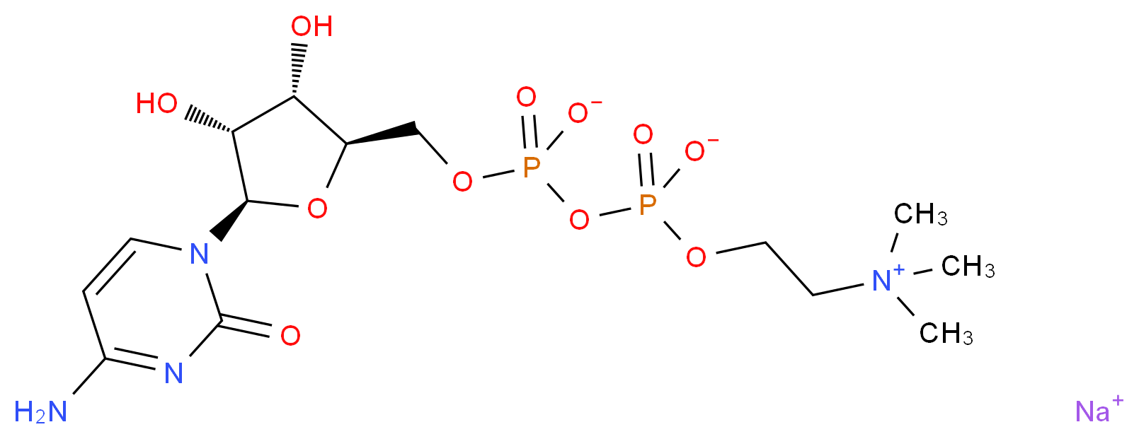 sodium 2-(trimethylazaniumyl)ethyl ({[(2R,3S,4R,5R)-5-(4-amino-2-oxo-1,2-dihydropyrimidin-1-yl)-3,4-dihydroxyoxolan-2-yl]methyl phosphonato}oxy)phosphonate_分子结构_CAS_33818-15-4