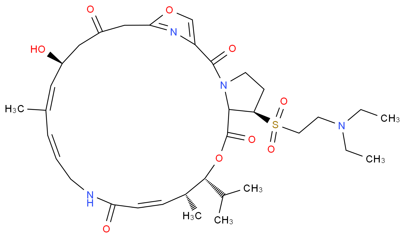 (6R,10R,11R,12Z,17Z,19Z,21S)-6-[2-(diethylamino)ethanesulfonyl]-21-hydroxy-11,19-dimethyl-10-(propan-2-yl)-9,26-dioxa-3,15,28-triazatricyclo[23.2.1.0^{3,7}]octacosa-1(27),12,17,19,25(28)-pentaene-2,8,14,23-tetrone_分子结构_CAS_112362-50-2