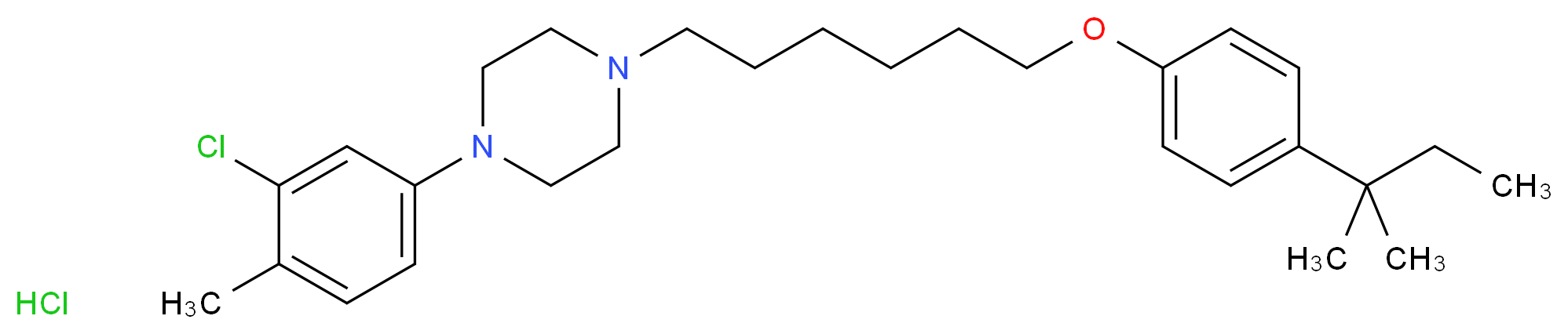 1-(3-chloro-4-methylphenyl)-4-{6-[4-(2-methylbutan-2-yl)phenoxy]hexyl}piperazine hydrochloride_分子结构_CAS_3845-22-5