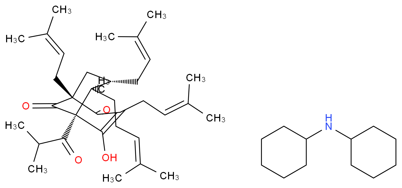 (1R,5S,6R,7S)-4-hydroxy-6-methyl-1,3,7-tris(3-methylbut-2-en-1-yl)-6-(4-methylpent-3-en-1-yl)-5-(2-methylpropanoyl)bicyclo[3.3.1]non-3-ene-2,9-dione; N-cyclohexylcyclohexanamine_分子结构_CAS_238074-03-8