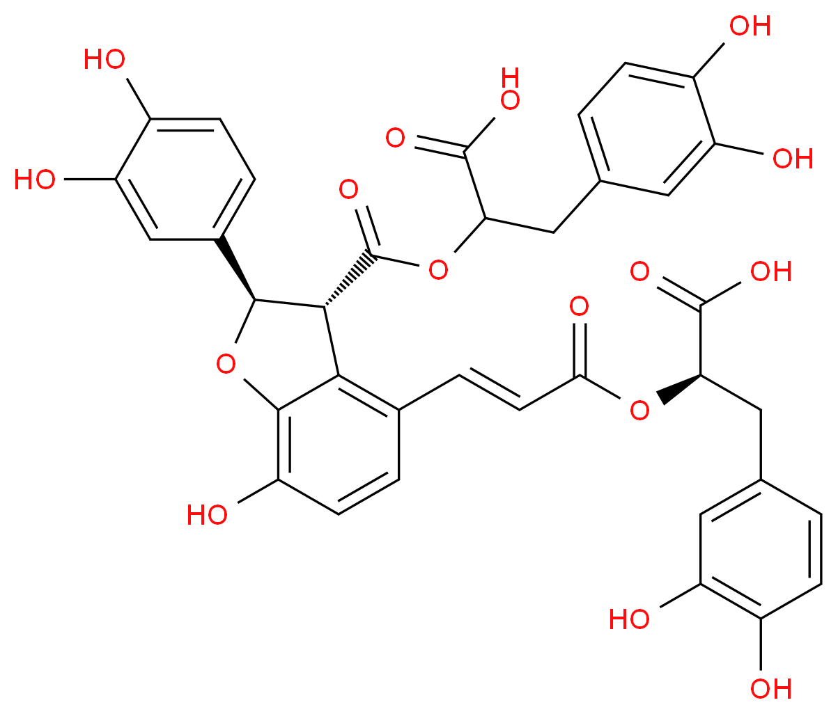 (2R)-2-{[(2E)-3-[(2R,3R)-3-{[1-carboxy-2-(3,4-dihydroxyphenyl)ethoxy]carbonyl}-2-(3,4-dihydroxyphenyl)-7-hydroxy-2,3-dihydro-1-benzofuran-4-yl]prop-2-enoyl]oxy}-3-(3,4-dihydroxyphenyl)propanoic acid_分子结构_CAS_115939-25-8