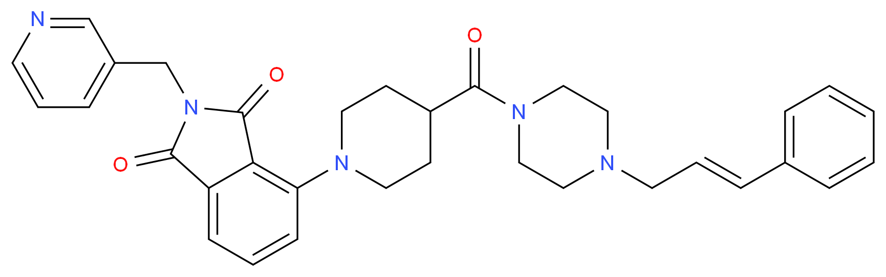 4-[4-({4-[(2E)-3-phenyl-2-propen-1-yl]-1-piperazinyl}carbonyl)-1-piperidinyl]-2-(3-pyridinylmethyl)-1H-isoindole-1,3(2H)-dione_分子结构_CAS_)