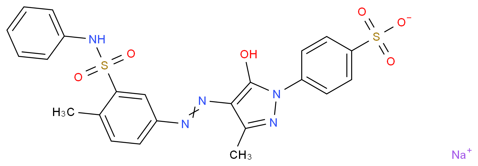 sodium 4-(5-hydroxy-3-methyl-4-{2-[4-methyl-3-(phenylsulfamoyl)phenyl]diazen-1-yl}-1H-pyrazol-1-yl)benzene-1-sulfonate_分子结构_CAS_6359-85-9