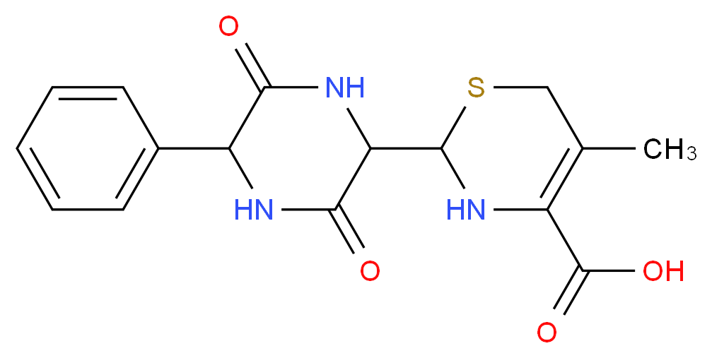 2-(3,6-dioxo-5-phenylpiperazin-2-yl)-5-methyl-3,6-dihydro-2H-1,3-thiazine-4-carboxylic acid_分子结构_CAS_59865-11-1