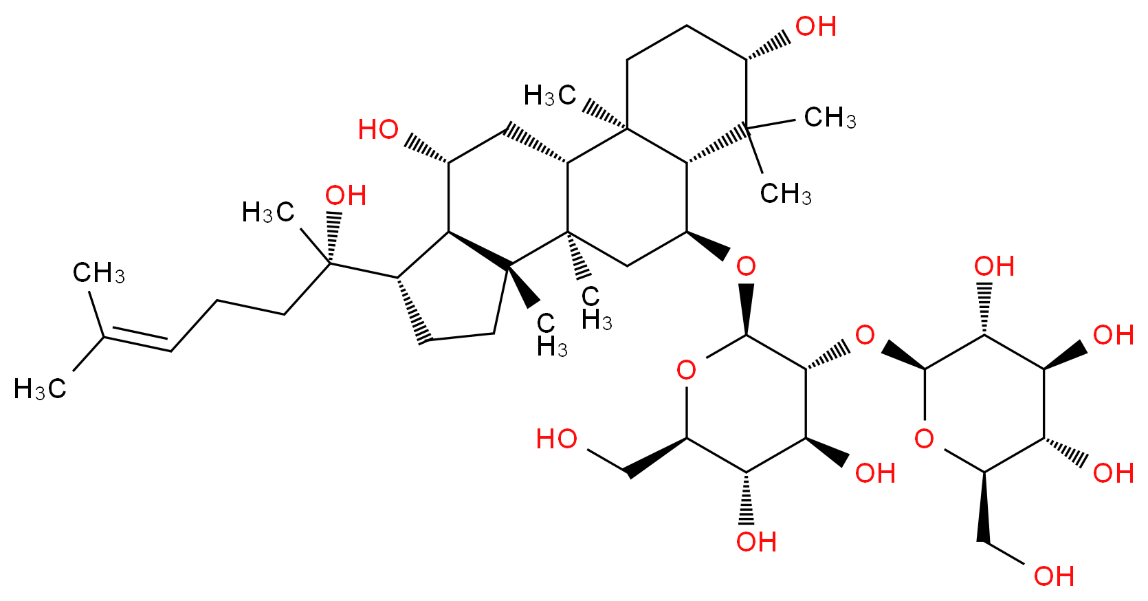 (2S,3R,4S,5S,6R)-2-{[(2R,3R,4S,5S,6R)-2-{[(1R,2R,5S,7R,8S,10R,11R,14S,15R,16R)-5,16-dihydroxy-14-[(2S)-2-hydroxy-6-methylhept-5-en-2-yl]-2,6,6,10,11-pentamethyltetracyclo[8.7.0.0<sup>2</sup>,<sup>7</sup>.0<sup>1</sup><sup>1</sup>,<sup>1</sup><sup>5</sup>]heptadecan-8-yl]oxy}-4,5-dihydroxy-6-(hydroxymethyl)oxan-3-yl]oxy}-6-(hydroxymethyl)oxane-3,4,5-triol_分子结构_CAS_52286-58-5