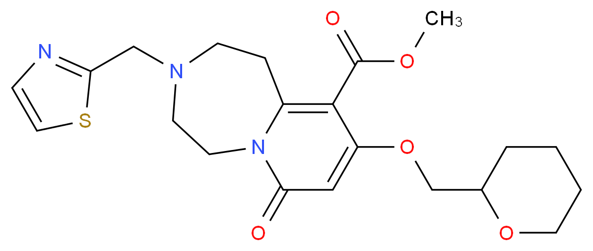 methyl 7-oxo-9-(tetrahydro-2H-pyran-2-ylmethoxy)-3-(1,3-thiazol-2-ylmethyl)-1,2,3,4,5,7-hexahydropyrido[1,2-d][1,4]diazepine-10-carboxylate_分子结构_CAS_)