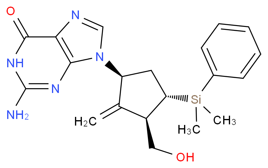 2-amino-9-[(1S,3R,4S)-4-[dimethyl(phenyl)silyl]-3-(hydroxymethyl)-2-methylidenecyclopentyl]-6,9-dihydro-1H-purin-6-one_分子结构_CAS_701278-07-1