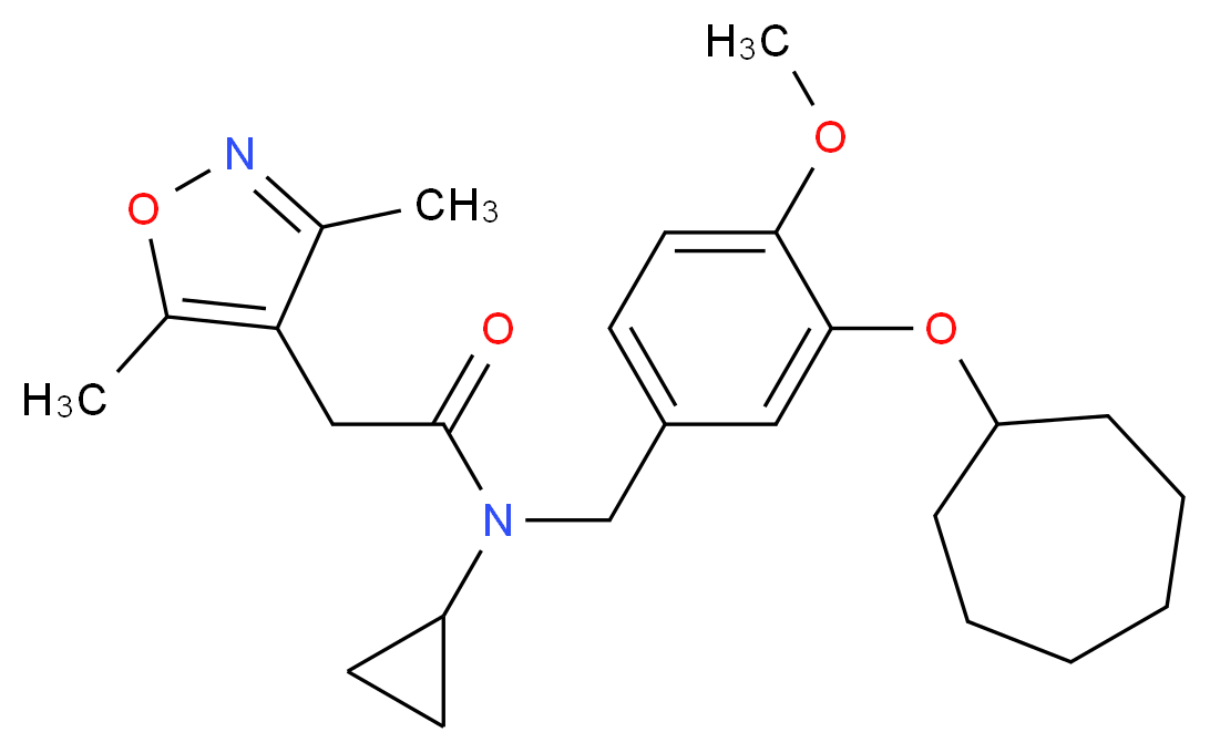 N-[3-(cycloheptyloxy)-4-methoxybenzyl]-N-cyclopropyl-2-(3,5-dimethyl-4-isoxazolyl)acetamide_分子结构_CAS_)