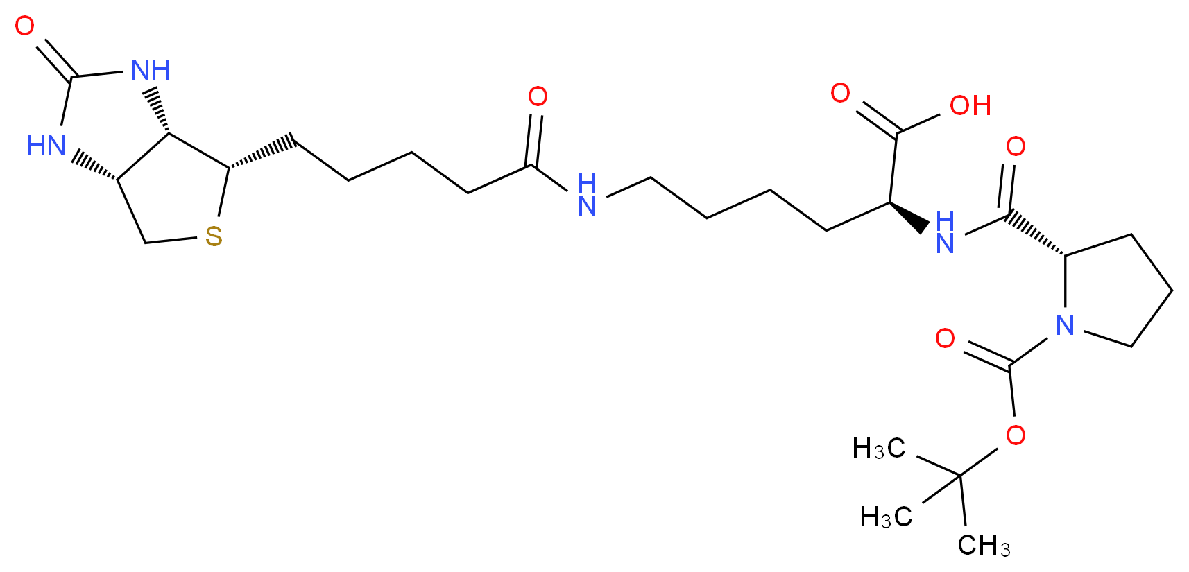 (2S)-6-{5-[(3aS,4S,6aR)-2-oxo-hexahydro-1H-thieno[3,4-d]imidazolidin-4-yl]pentanamido}-2-{[(2S)-1-[(tert-butoxy)carbonyl]pyrrolidin-2-yl]formamido}hexanoic acid_分子结构_CAS_1356383-21-5