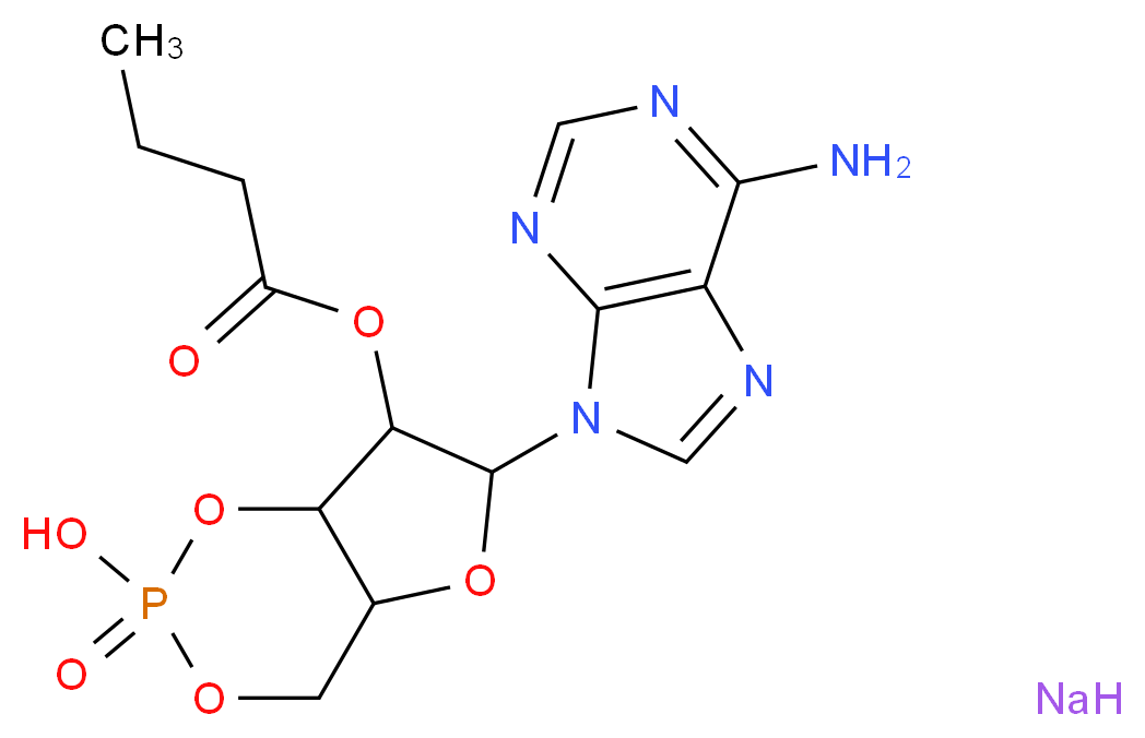 6-(6-amino-9H-purin-9-yl)-2-hydroxy-2-oxo-hexahydro-1,3,5,2λ<sup>5</sup>-furo[3,2-d][1,3,2λ<sup>5</sup>]dioxaphosphinin-7-yl butanoate sodium_分子结构_CAS_55443-13-5