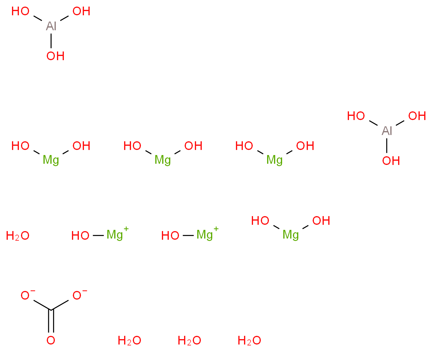 bis(alumanetriol) bis(hydroxymagnesiumylium) tetrakis(magnesiumdiol) tetrahydrate carbonate_分子结构_CAS_11097-59-9