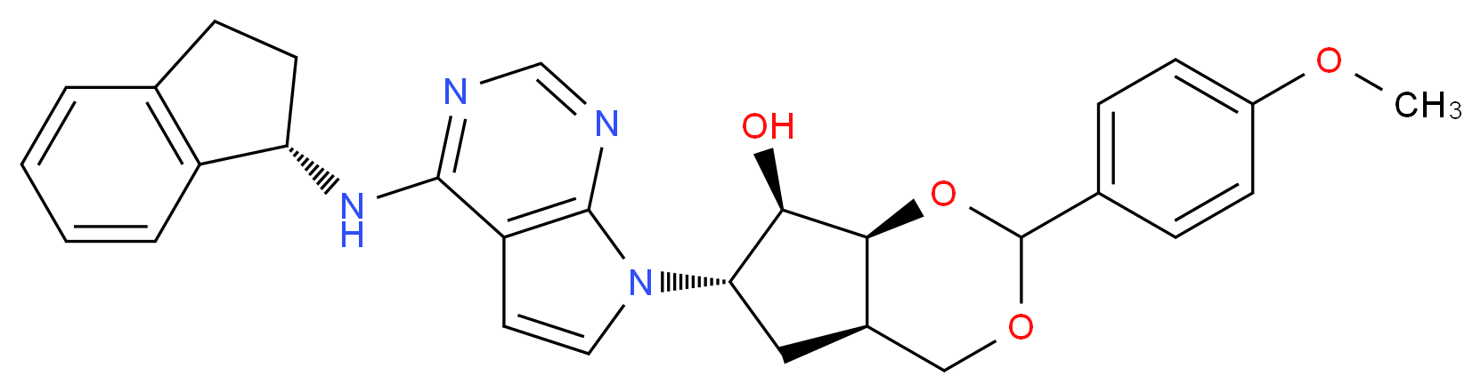(4aS,6R,7S,7aR)-6-[4-[[(1S)-2,3-Dihydro-1H-inden-1-yl]amino]-7H-pyrrolo[2,3-d]pyrimidin-7-yl]hexahydro-2-(4-methoxyphenyl)-cyclopenta-1,3-dioxin-7-ol_分子结构_CAS_905580-87-2)