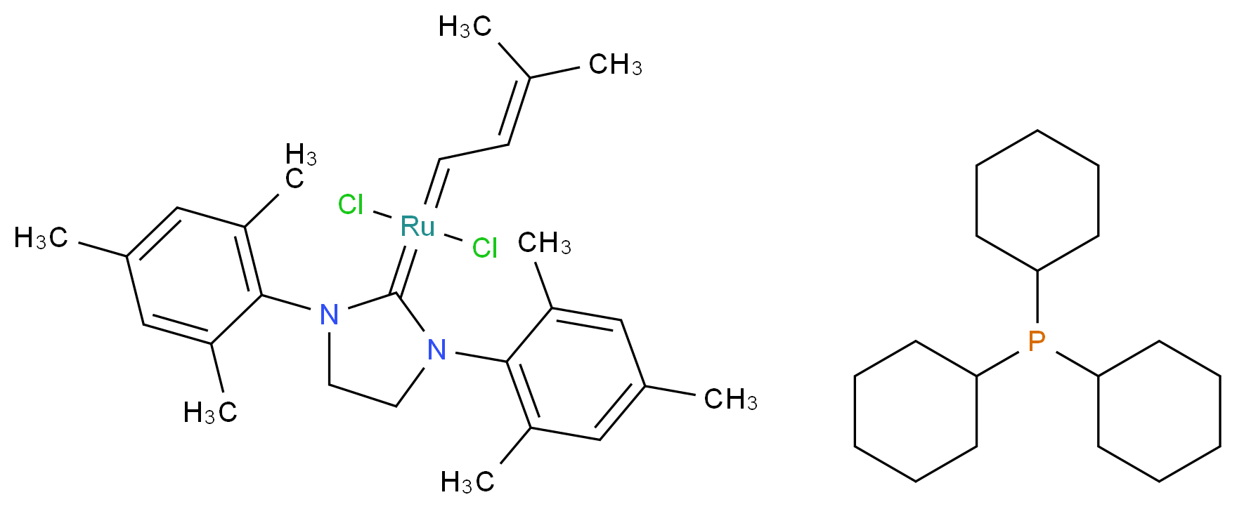 二氯[1,3-双(2,4,6-三甲基苯基)-2-咪唑烷亚基](3-甲基-2-亚丁烯基)(三环己基膦)钌(II)_分子结构_CAS_253688-91-4)