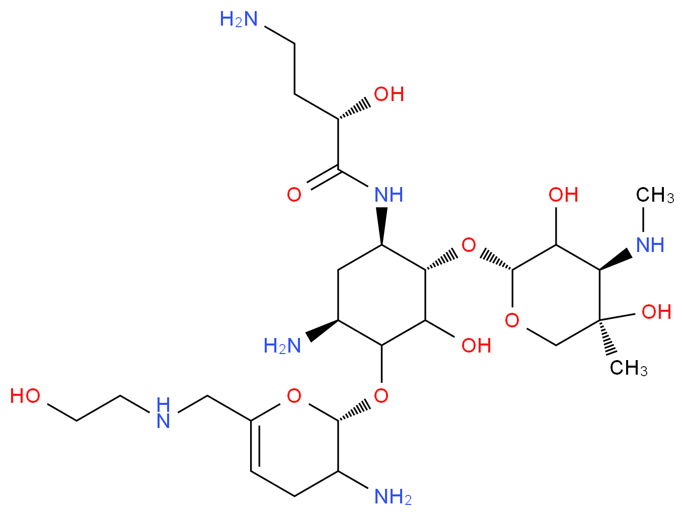 (2S)-4-amino-N-[(1R,2S,5S)-5-amino-4-{[(2S)-3-amino-6-{[(2-hydroxyethyl)amino]methyl}-3,4-dihydro-2H-pyran-2-yl]oxy}-2-{[(2R,4R,5R)-3,5-dihydroxy-5-methyl-4-(methylamino)oxan-2-yl]oxy}-3-hydroxycyclohexyl]-2-hydroxybutanamide_分子结构_CAS_1154757-24-0