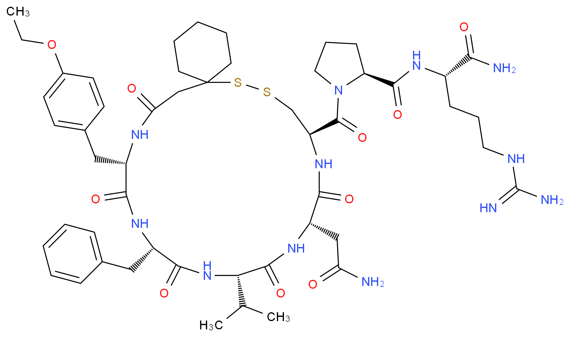 (2S)-2-{[(2S)-1-[(10R,13S,16S,19S,22S)-19-benzyl-13-(carbamoylmethyl)-22-[(4-ethoxyphenyl)methyl]-12,15,18,21,24-pentaoxo-16-(propan-2-yl)-7,8-dithia-11,14,17,20,23-pentaazaspiro[5.19]pentacosane-10-carbonyl]pyrrolidin-2-yl]formamido}-5-carbamimidamidopentanamide_分子结构_CAS_90332-81-3