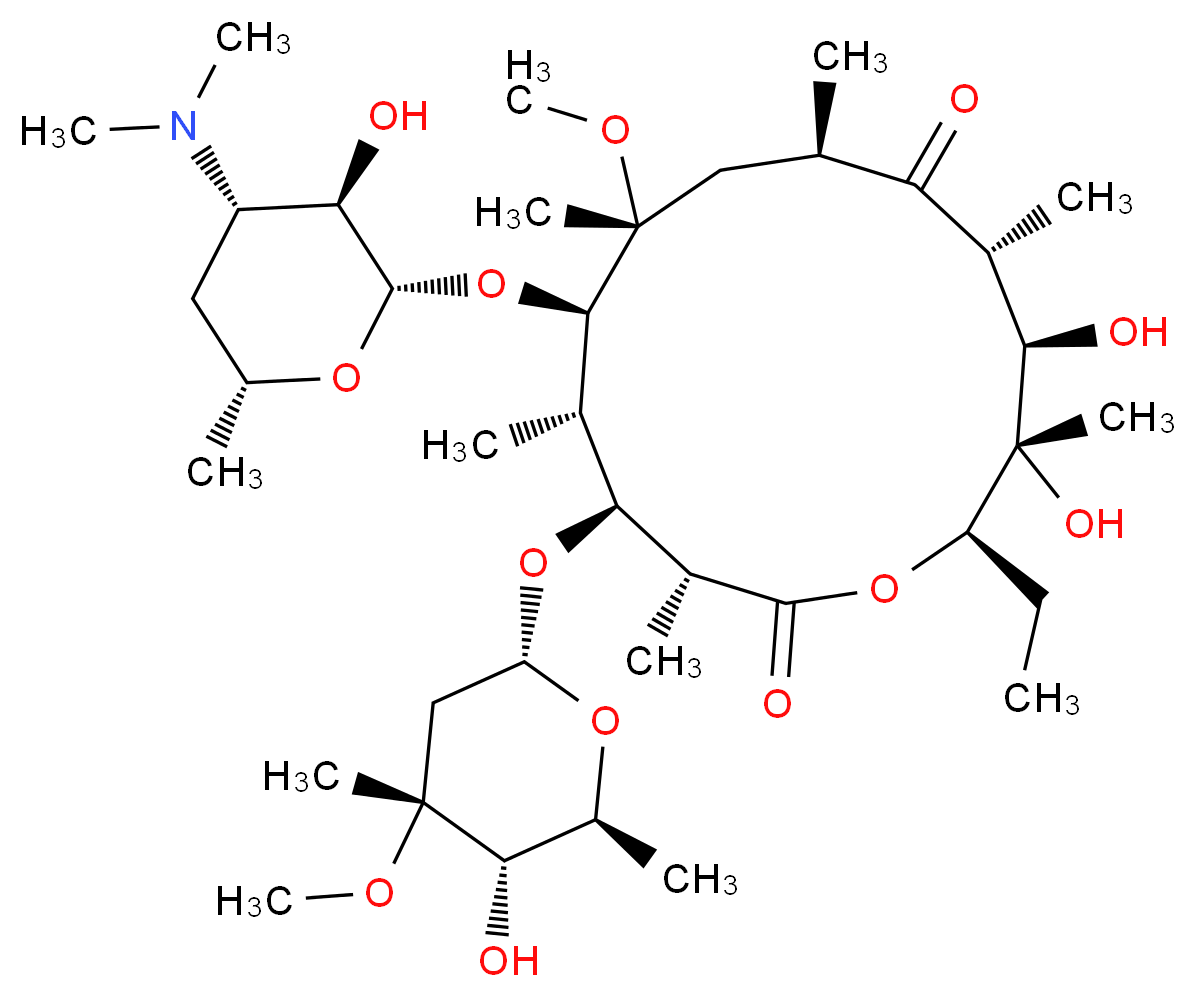 (3R,4S,5S,6R,7R,9R,11R,12R,13S,14R)-6-(((2S,3R,4S,6R)-4-(dimethylamino)-3-hydroxy-6-methyltetrahydro-2H-pyran-2-yl)oxy)-14-ethyl-12,13-dihydroxy-4-(((2R,4R,5S,6S)-5-hydroxy-4-methoxy-4,6-dimethyltetra
hydro-2H-pyran-2-yl)oxy)-7-methoxy-3,5,7,9,11,13-hexame
thyloxacyclotetradecane-2,10-dione_分子结构_CAS_)