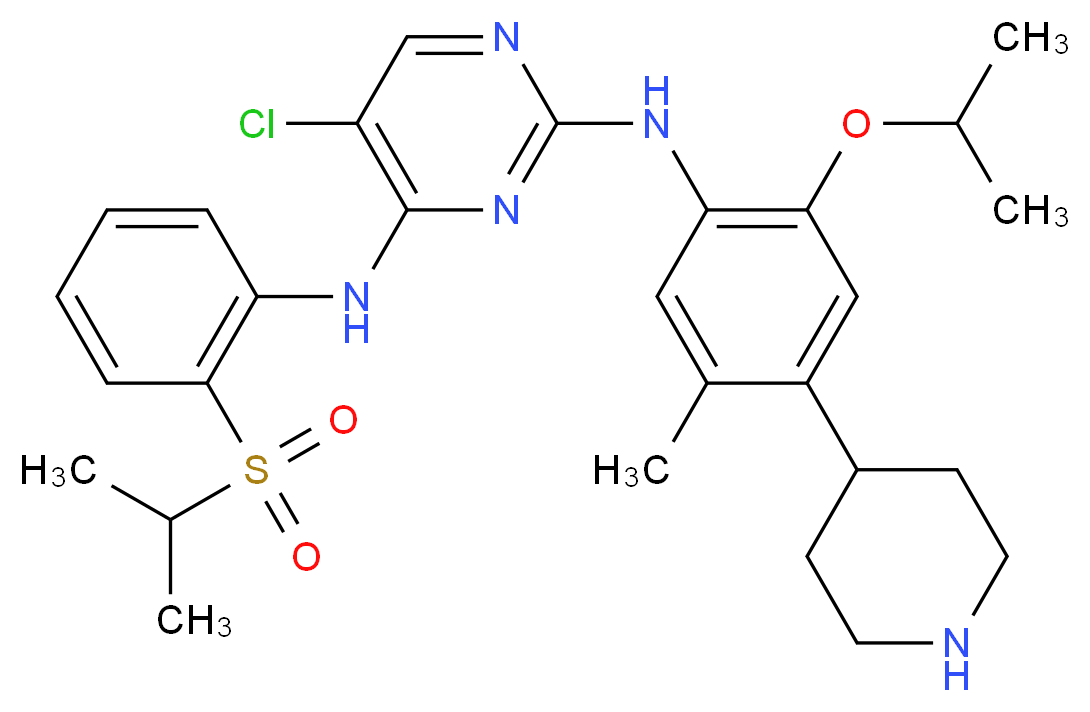 5-chloro-N2-[5-methyl-4-(piperidin-4-yl)-2-(propan-2-yloxy)phenyl]-N4-[2-(propane-2-sulfonyl)phenyl]pyrimidine-2,4-diamine_分子结构_CAS_1032900-25-6