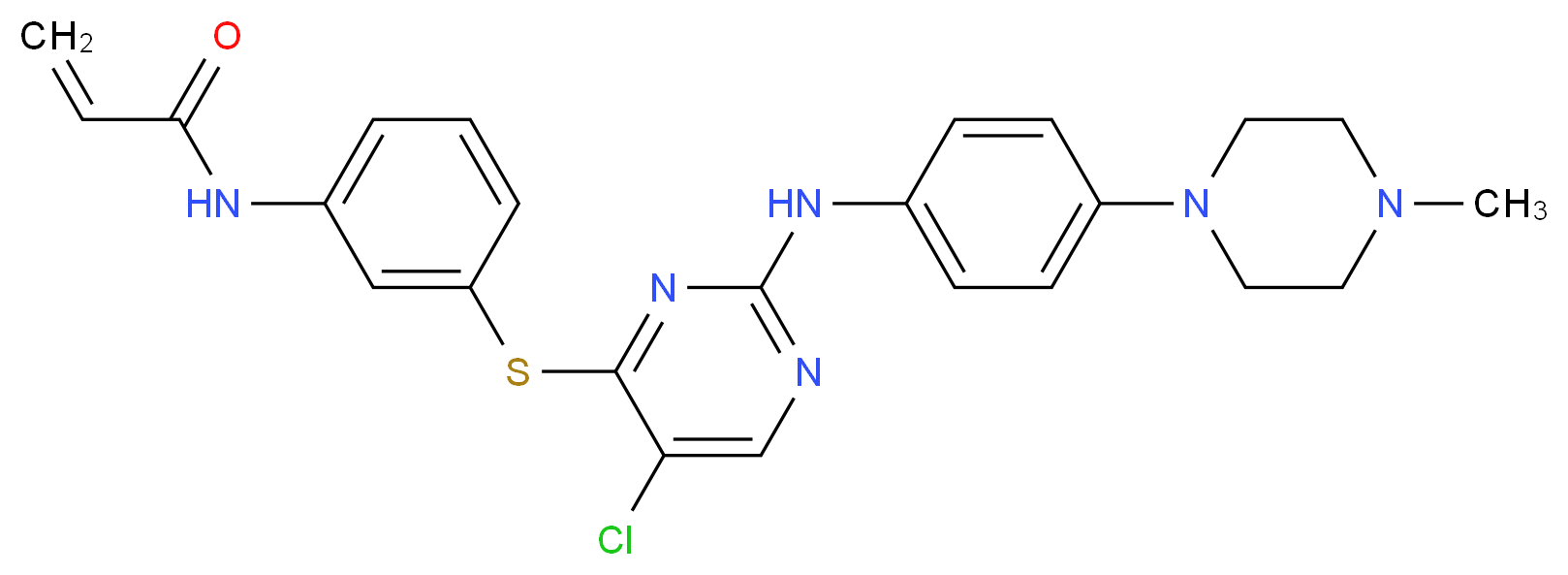 N-{3-[(5-chloro-2-{[4-(4-methylpiperazin-1-yl)phenyl]amino}pyrimidin-4-yl)sulfanyl]phenyl}prop-2-enamide_分子结构_CAS_1214265-57-2