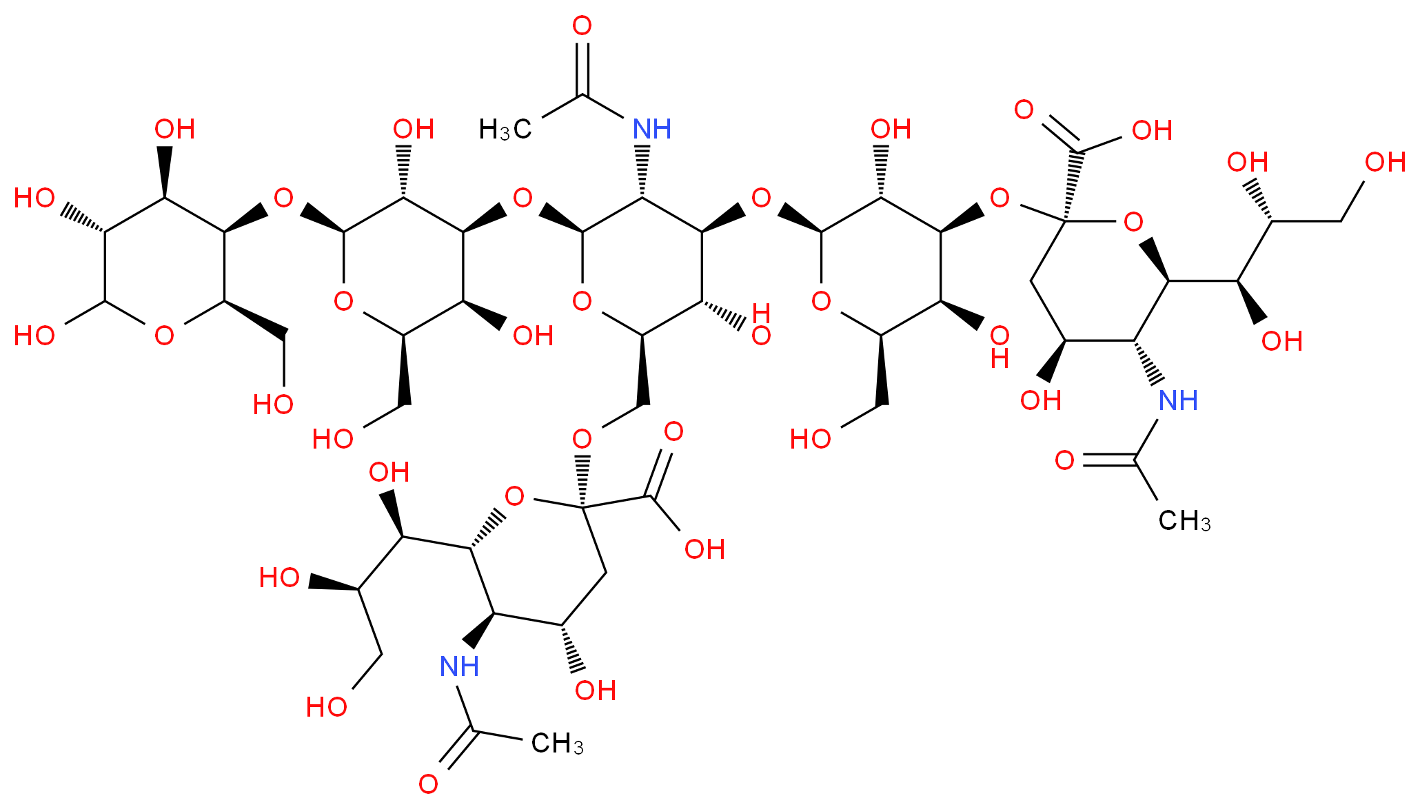 (2R,4S,5R,6R)-2-{[(2R,3S,4R,5R,6S)-4-{[(2R,3R,4S,5S,6R)-4-{[(2S,4S,5R,6R)-2-carboxy-5-acetamido-4-hydroxy-6-[(1R,2R)-1,2,3-trihydroxypropyl]oxan-2-yl]oxy}-3,5-dihydroxy-6-(hydroxymethyl)oxan-2-yl]oxy}-6-{[(2R,3S,4S,5R,6S)-3,5-dihydroxy-2-(hydroxymethyl)-6-{[(2R,3R,4R,5R)-4,5,6-trihydroxy-2-(hydroxymethyl)oxan-3-yl]oxy}oxan-4-yl]oxy}-5-acetamido-3-hydroxyoxan-2-yl]methoxy}-5-acetamido-4-hydroxy-6-[(1R,2R)-1,2,3-trihydroxypropyl]oxane-2-carboxylic acid_分子结构_CAS_61278-38-4