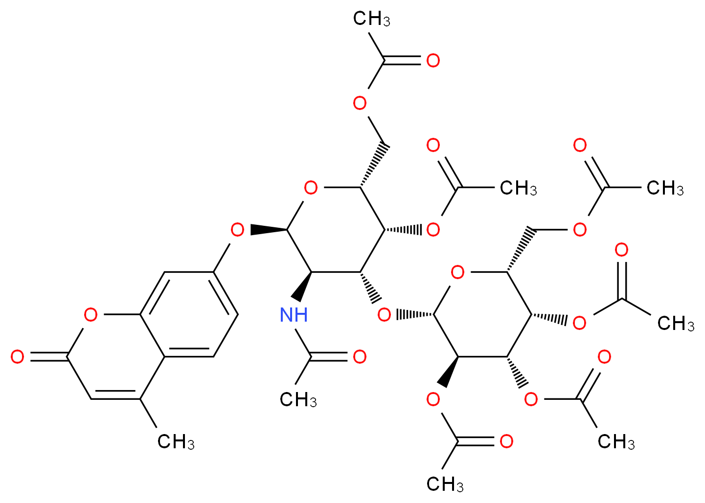 [(2R,3S,4S,5R,6R)-3,4,5-tris(acetyloxy)-6-{[(2R,3R,4R,5R,6R)-3-(acetyloxy)-2-[(acetyloxy)methyl]-5-acetamido-6-[(4-methyl-2-oxo-2H-chromen-7-yl)oxy]oxan-4-yl]oxy}oxan-2-yl]methyl acetate_分子结构_CAS_868231-09-8