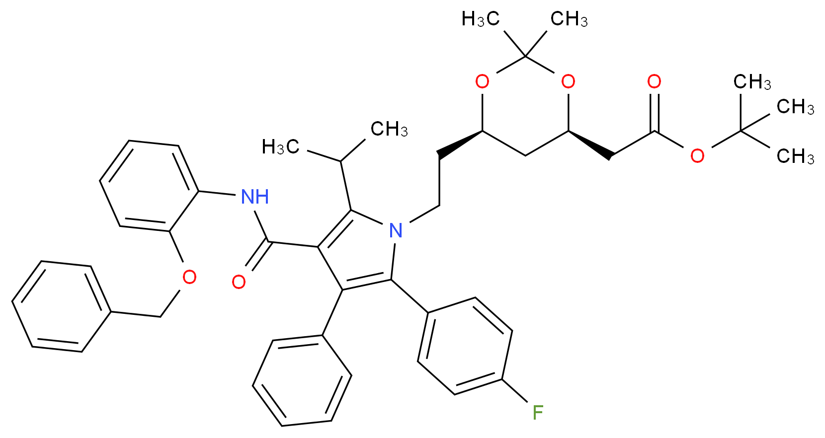 (6-{2-[3-(2-Benzyloxy-phenylcarbamoyl)-5-(4-fluoro-phenyl)-2-isopropyl-4-phenyl-pyrrol-1-yl]-ethyl}-2,2-dimethyl-[1,3]-dioxane-4-yl)-acetic Acid, tert-Butyl Ester_分子结构_CAS_265989-39-7)