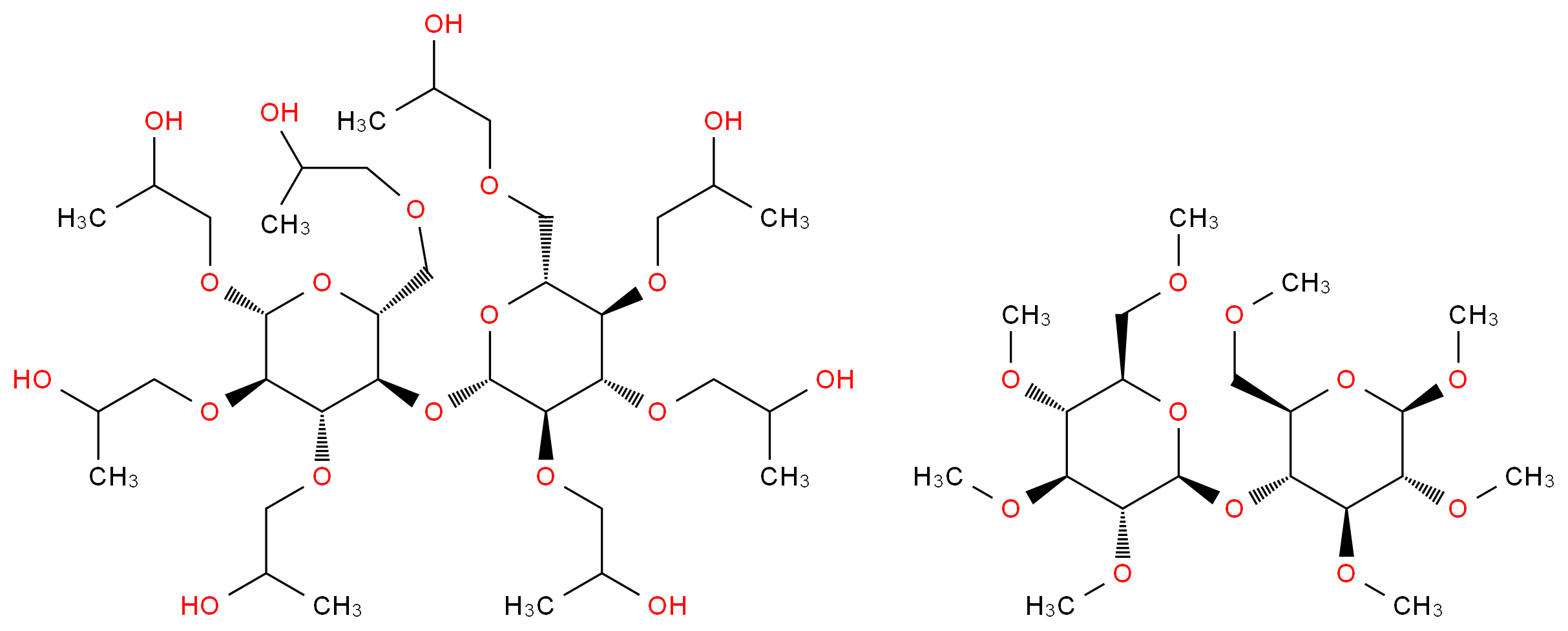 (2R,3R,4S,5R,6S)-3,4,5-trimethoxy-2-(methoxymethyl)-6-{[(2R,3R,4S,5R,6R)-4,5,6-trimethoxy-2-(methoxymethyl)oxan-3-yl]oxy}oxane; 1-{[(2R,3R,4S,5R,6R)-3,4-bis(2-hydroxypropoxy)-6-[(2-hydroxypropoxy)methyl]-5-{[(2S,3R,4S,5R,6R)-3,4,5-tris(2-hydroxypropoxy)-6-[(2-hydroxypropoxy)methyl]oxan-2-yl]oxy}oxan-2-yl]oxy}propan-2-ol_分子结构_CAS_9004-65-3
