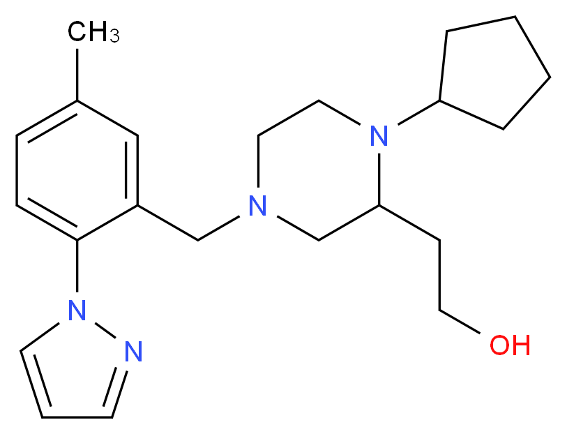 2-{1-cyclopentyl-4-[5-methyl-2-(1H-pyrazol-1-yl)benzyl]-2-piperazinyl}ethanol_分子结构_CAS_)