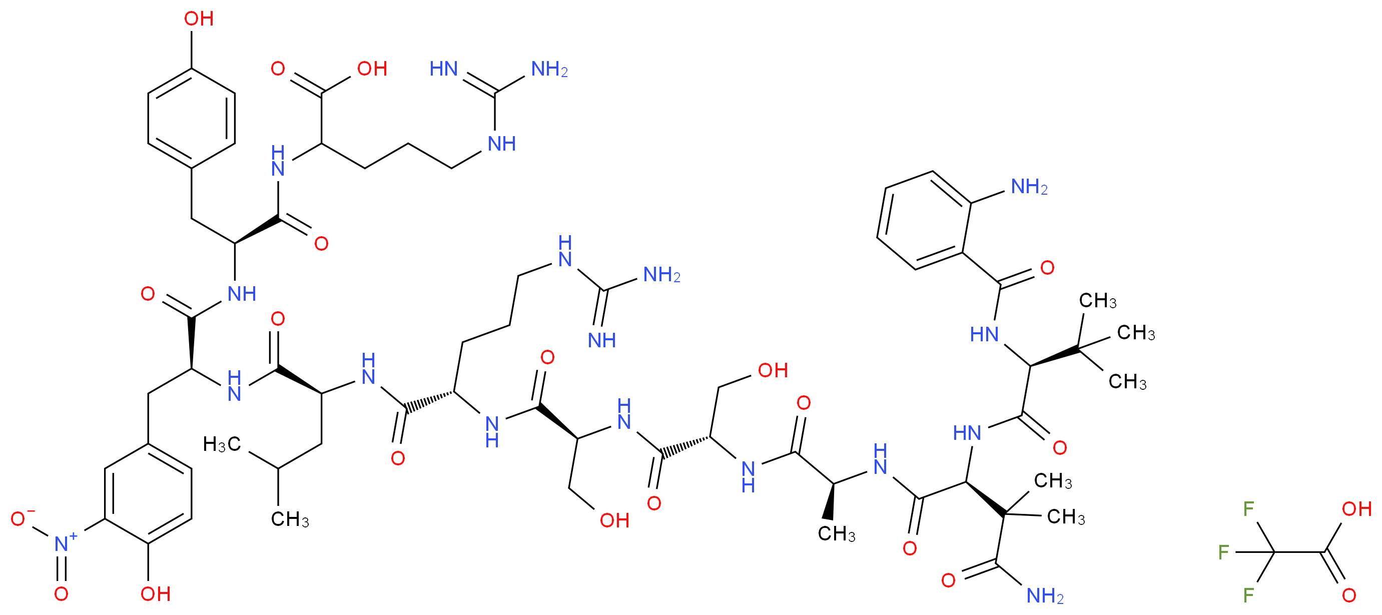 2-[(2S)-2-[(2S)-2-[(2S)-2-[(2S)-2-[(2S)-2-[(2S)-2-[(2S)-2-[(2S)-2-[(2S)-2-[(2-aminophenyl)formamido]-3,3-dimethylbutanamido]-3-carbamoyl-3,3-dimethylpropanamido]propanamido]-3-hydroxypropanamido]-3-hydroxypropanamido]-5-carbamimidamidopentanamido]-4-methylpentanamido]-3-(4-hydroxy-3-nitrophenyl)propanamido]-3-(4-hydroxyphenyl)propanamido]-5-carbamimidamidopentanoic acid; trifluoroacetic acid_分子结构_CAS_204909-37-5