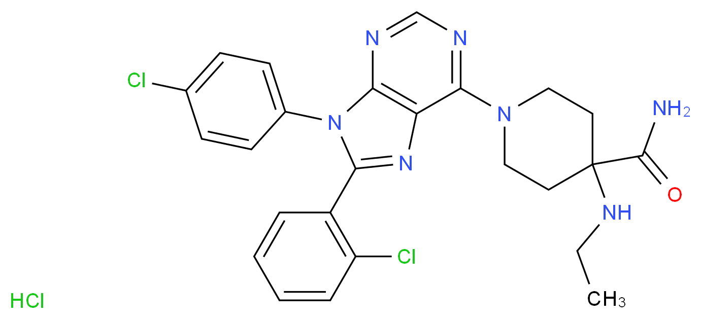 1-[8-(2-chlorophenyl)-9-(4-chlorophenyl)-9H-purin-6-yl]-4-(ethylamino)piperidine-4-carboxamide hydrochloride_分子结构_CAS_686347-12-6