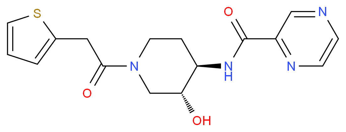 N-[(3R*,4R*)-3-hydroxy-1-(2-thienylacetyl)piperidin-4-yl]pyrazine-2-carboxamide_分子结构_CAS_)