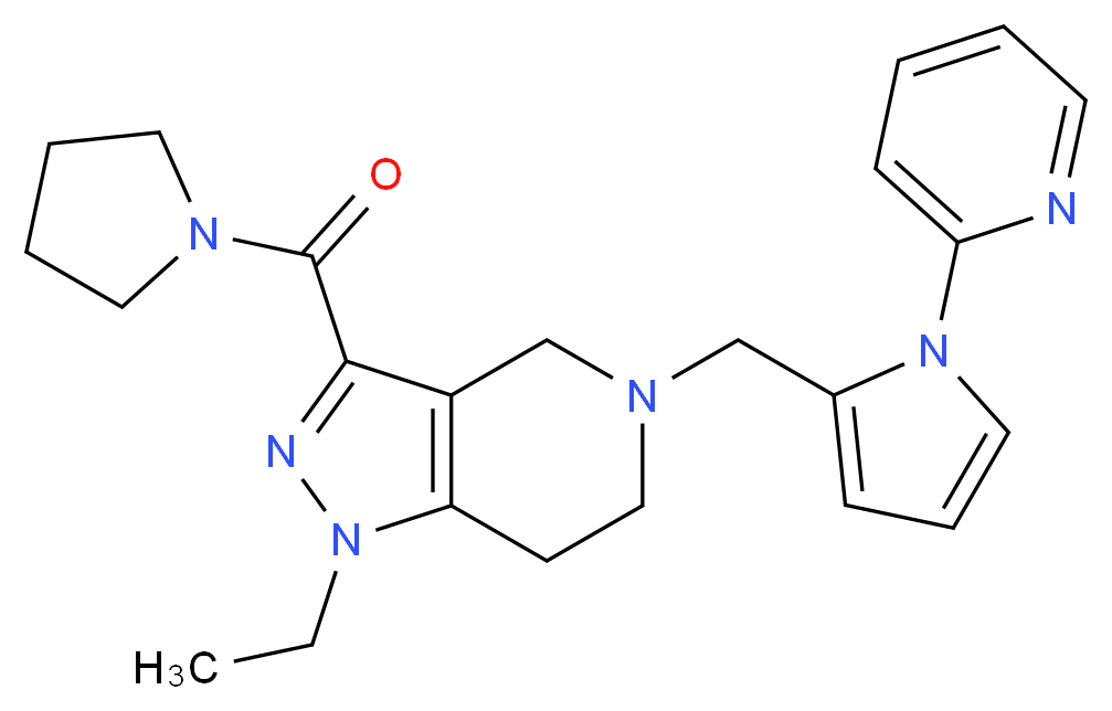 1-ethyl-5-{[1-(2-pyridinyl)-1H-pyrrol-2-yl]methyl}-3-(1-pyrrolidinylcarbonyl)-4,5,6,7-tetrahydro-1H-pyrazolo[4,3-c]pyridine_分子结构_CAS_)