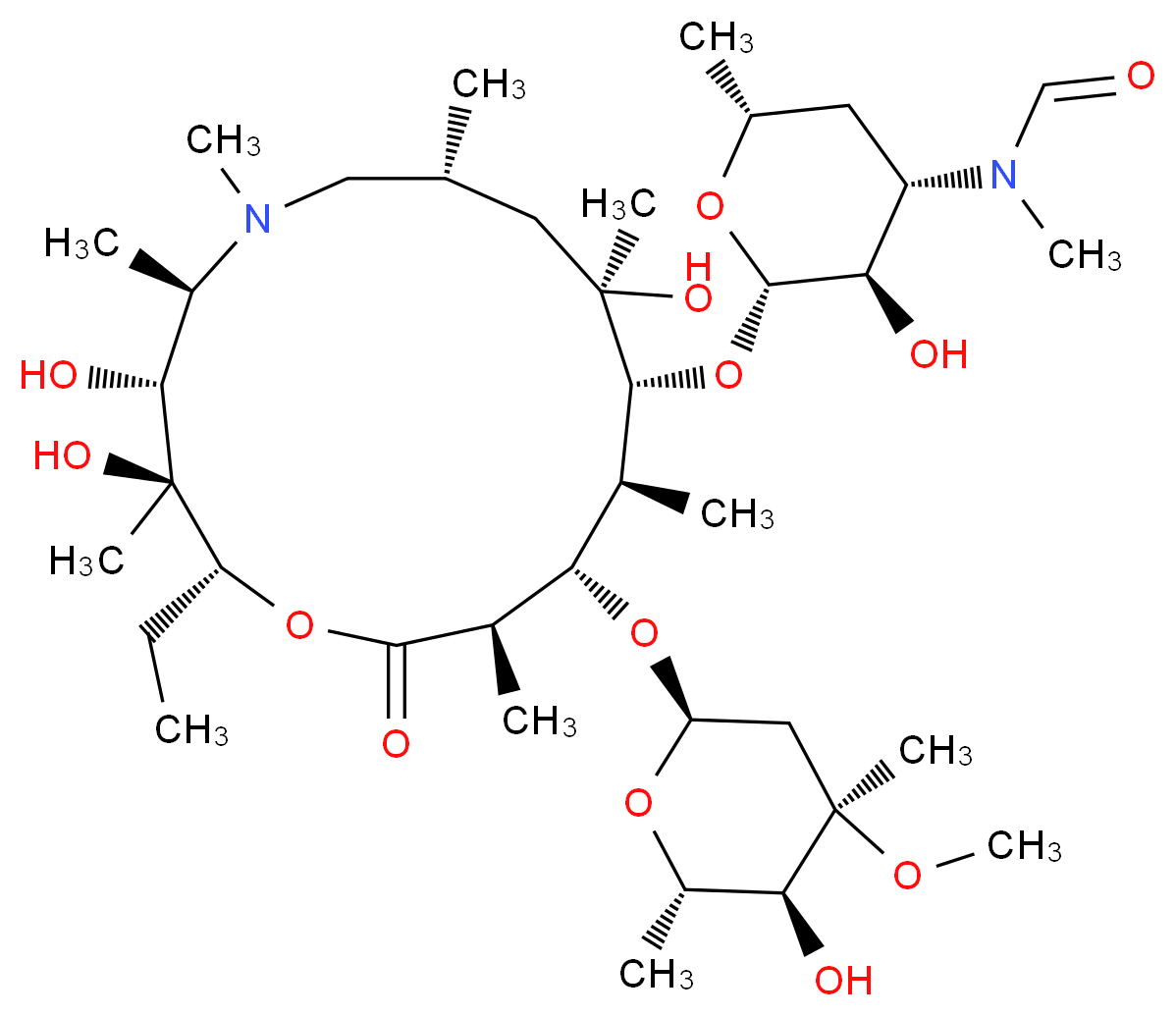 N-[(2S,3R,4S,6R)-2-{[(2R,3S,4R,5R,8R,10R,11R,12S,13S,14R)-2-ethyl-3,4,10-trihydroxy-13-{[(2R,4R,5S,6S)-5-hydroxy-4-methoxy-4,6-dimethyloxan-2-yl]oxy}-3,5,6,8,10,12,14-heptamethyl-15-oxo-1-oxa-6-azacyclopentadecan-11-yl]oxy}-3-hydroxy-6-methyloxan-4-yl]-N-methylformamide_分子结构_CAS_612069-28-0