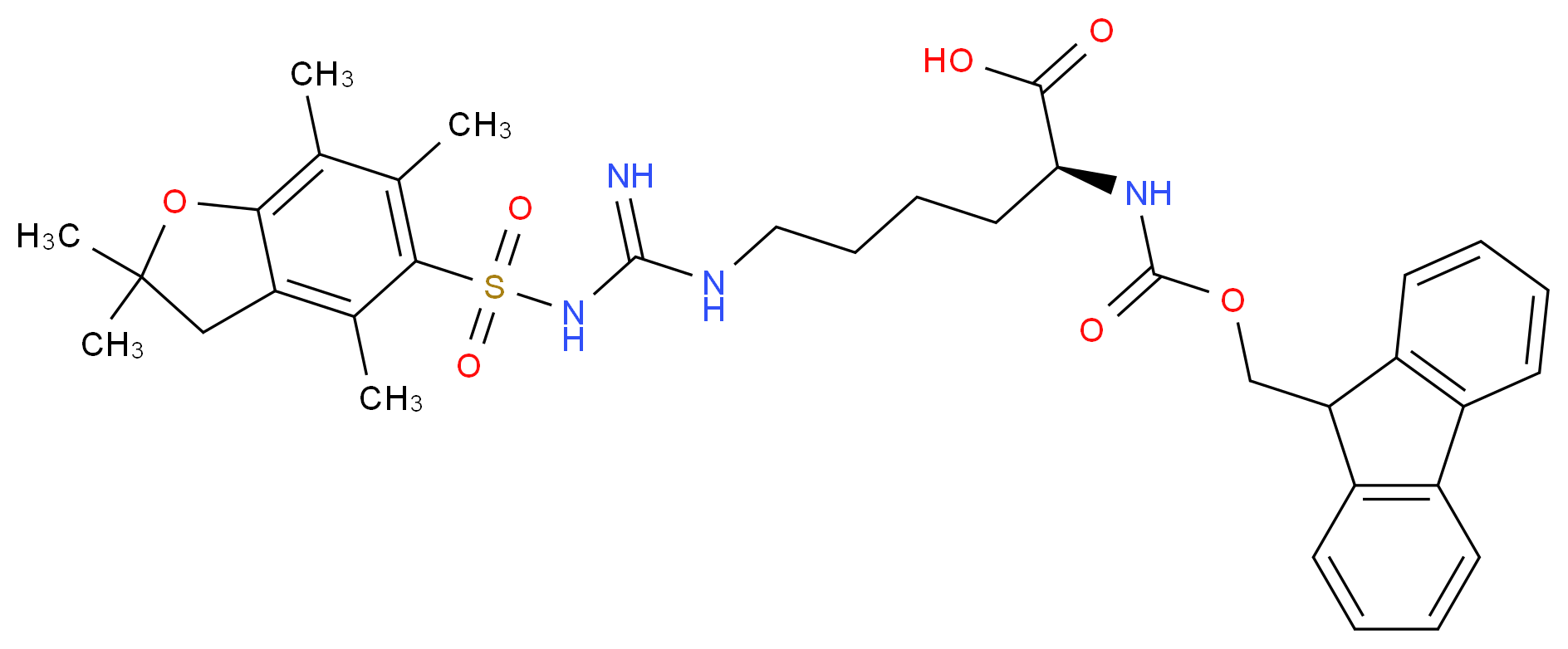 (2S)-2-{[(9H-fluoren-9-ylmethoxy)carbonyl]amino}-6-{1-[(2,2,4,6,7-pentamethyl-2,3-dihydro-1-benzofuran-5-yl)sulfonyl]carbamimidamido}hexanoic acid_分子结构_CAS_401915-53-5