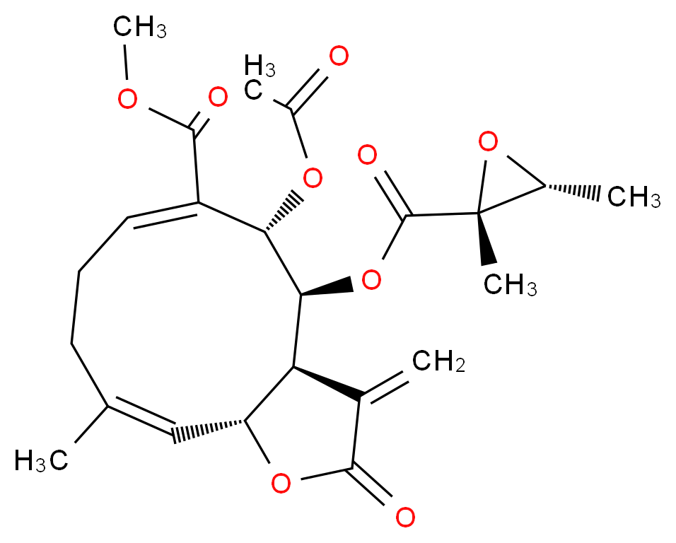 (3aS,4S,5S,11aR)-5-(acetyloxy)-6-(methoxycarbonyl)-10-methyl-3-methylidene-2-oxo-2H,3H,3aH,4H,5H,8H,9H,11aH-cyclodeca[b]furan-4-yl (2R,3R)-2,3-dimethyloxirane-2-carboxylate_分子结构_CAS_24694-79-9