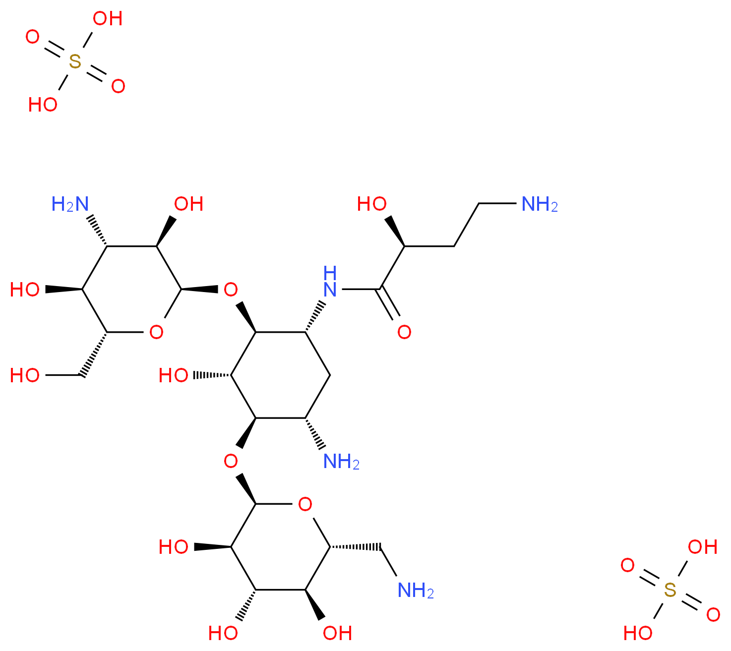 (2S)-4-amino-N-[(1R,2S,3S,4R,5S)-5-amino-2-{[(2S,3R,4S,5S,6R)-4-amino-3,5-dihydroxy-6-(hydroxymethyl)oxan-2-yl]oxy}-4-{[(2R,3R,4S,5S,6R)-6-(aminomethyl)-3,4,5-trihydroxyoxan-2-yl]oxy}-3-hydroxycyclohexyl]-2-hydroxybutanamide; bis(sulfuric acid)_分子结构_CAS_39831-55-5