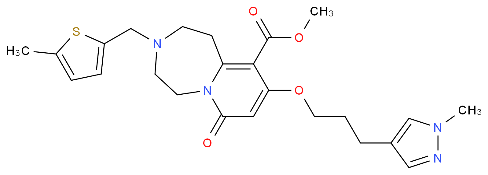 methyl 9-[3-(1-methyl-1H-pyrazol-4-yl)propoxy]-3-[(5-methyl-2-thienyl)methyl]-7-oxo-1,2,3,4,5,7-hexahydropyrido[1,2-d][1,4]diazepine-10-carboxylate_分子结构_CAS_)