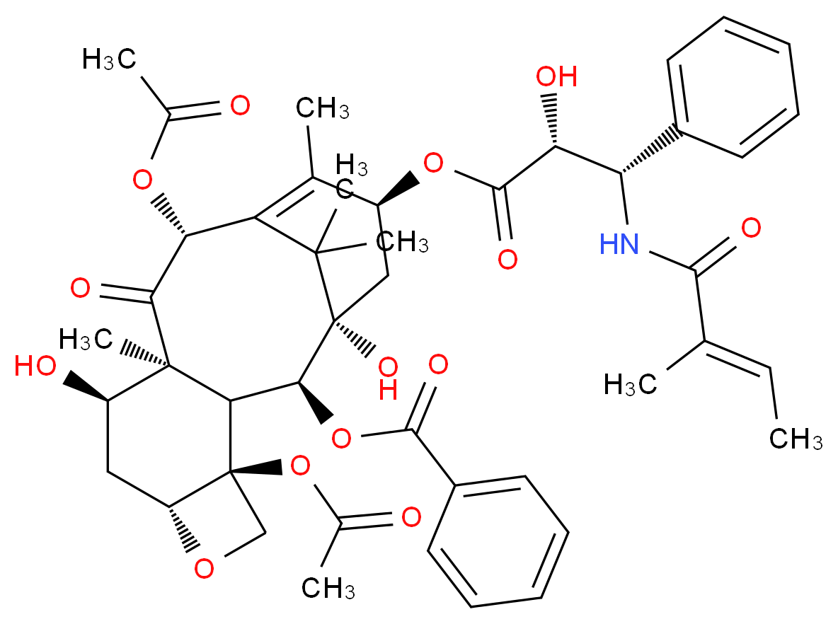 (1S,2S,3R,4S,7R,9R,10S,12R,15S)-4,12-bis(acetyloxy)-1,9-dihydroxy-15-{[(2R,3S)-2-hydroxy-3-[(2E)-2-methylbut-2-enamido]-3-phenylpropanoyl]oxy}-10,14,17,17-tetramethyl-11-oxo-6-oxatetracyclo[11.3.1.0<sup>3</sup>,<sup>1</sup><sup>0</sup>.0<sup>4</sup>,<sup>7</sup>]heptadec-13-en-2-yl benzoate_分子结构_CAS_150547-36-7