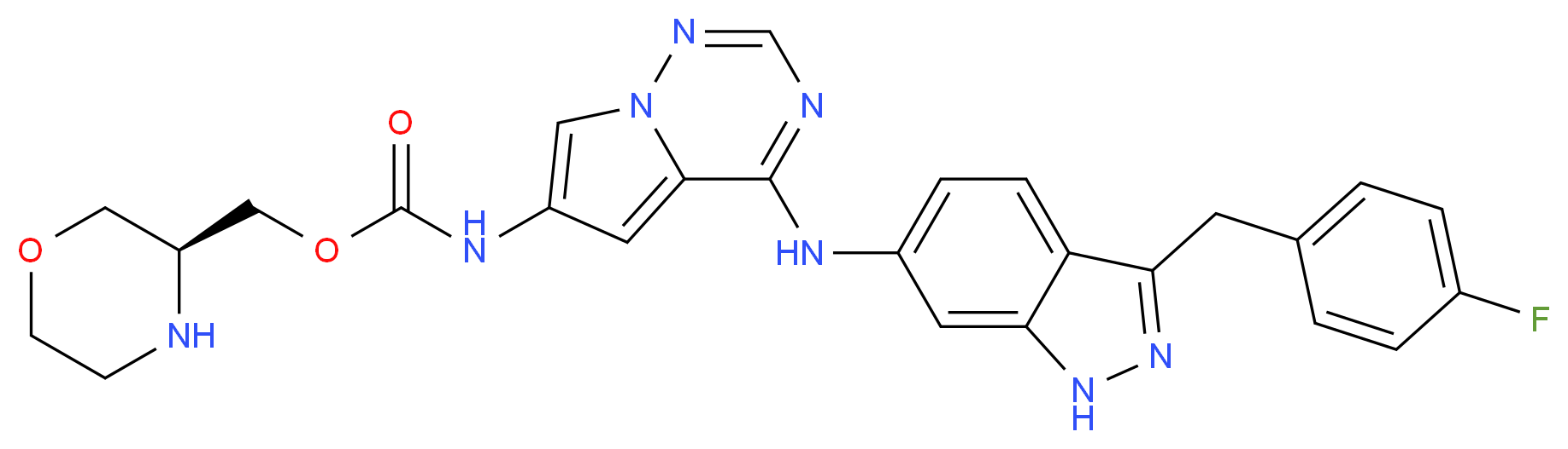 (3S)-morpholin-3-ylmethyl N-[4-({3-[(4-fluorophenyl)methyl]-1H-indazol-6-yl}amino)pyrrolo[2,1-f][1,2,4]triazin-6-yl]carbamate_分子结构_CAS_714971-09-2