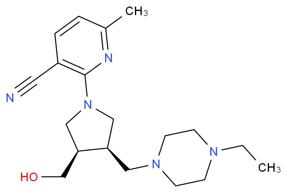 2-[(3R*,4R*)-3-[(4-ethylpiperazin-1-yl)methyl]-4-(hydroxymethyl)pyrrolidin-1-yl]-6-methylnicotinonitrile_分子结构_CAS_)