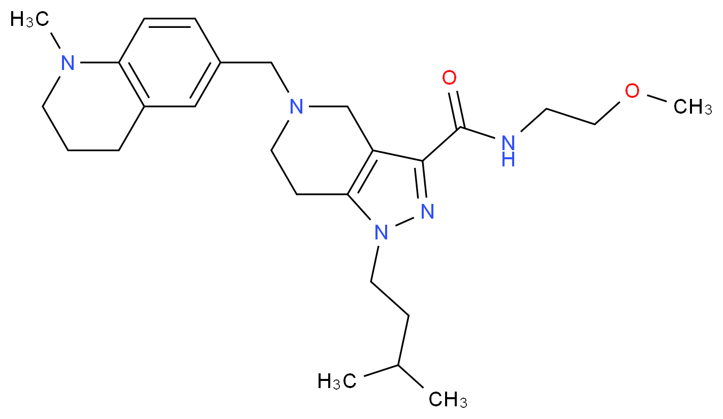 N-(2-methoxyethyl)-1-(3-methylbutyl)-5-[(1-methyl-1,2,3,4-tetrahydro-6-quinolinyl)methyl]-4,5,6,7-tetrahydro-1H-pyrazolo[4,3-c]pyridine-3-carboxamide_分子结构_CAS_)
