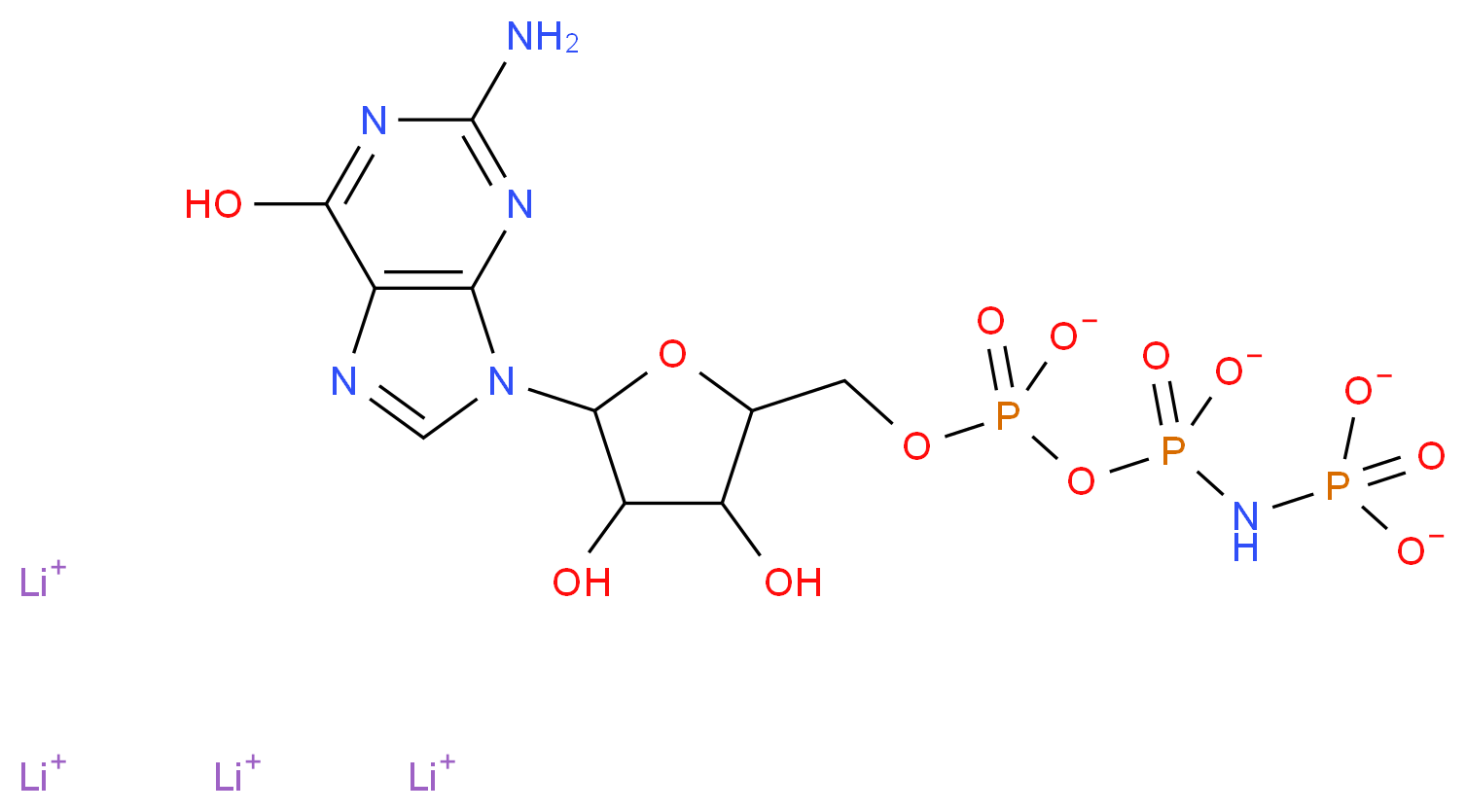 tetralithium(1+) ion {[({[5-(2-amino-6-hydroxy-9H-purin-9-yl)-3,4-dihydroxyoxolan-2-yl]methyl phosphonato}oxy)phosphinato]amino}phosphonate_分子结构_CAS_64564-03-0