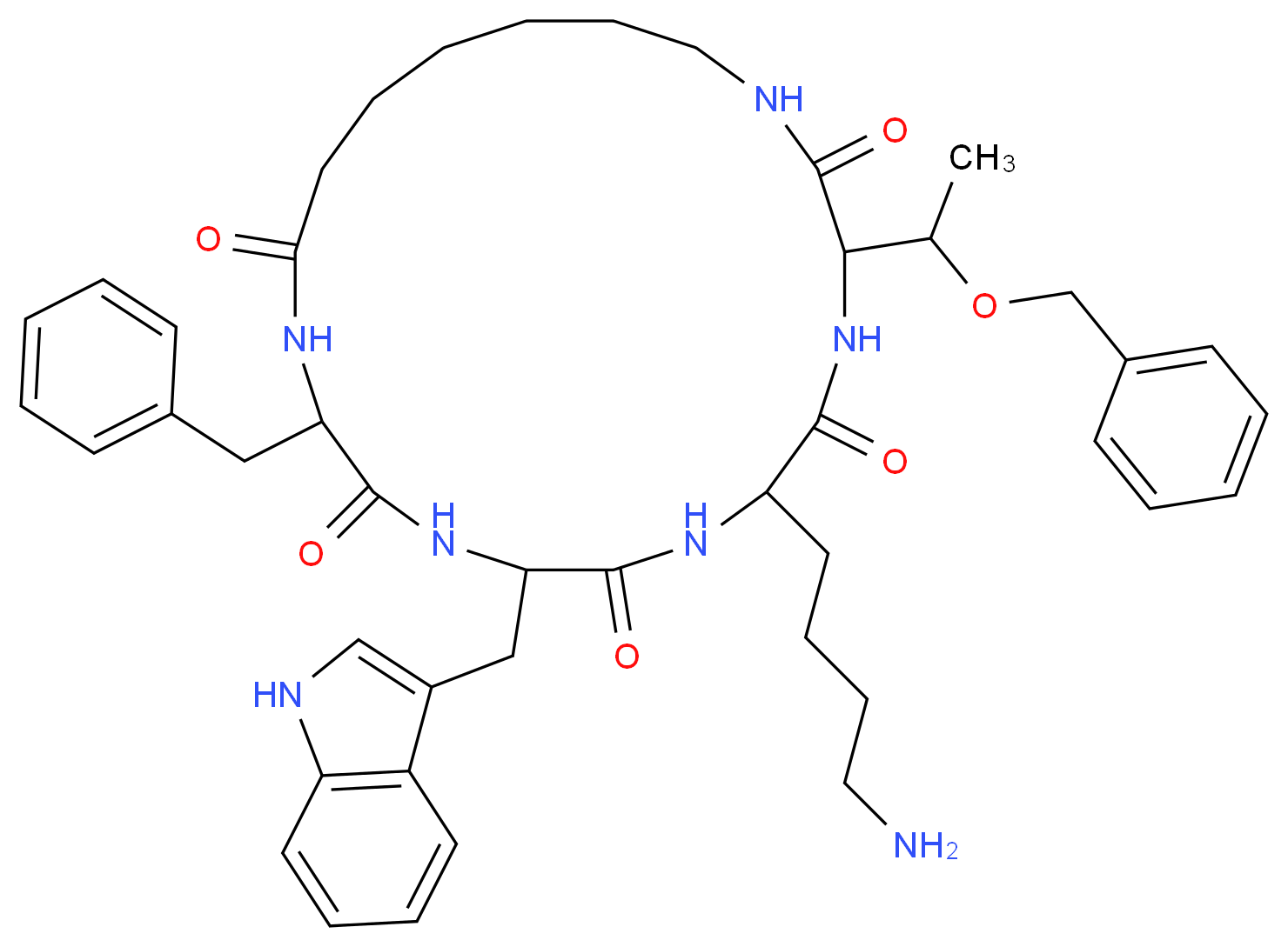 6-(4-aminobutyl)-12-benzyl-3-[1-(benzyloxy)ethyl]-9-(1H-indol-3-ylmethyl)-1,4,7,10,13-pentaazacycloicosane-2,5,8,11,14-pentone_分子结构_CAS_84211-54-1
