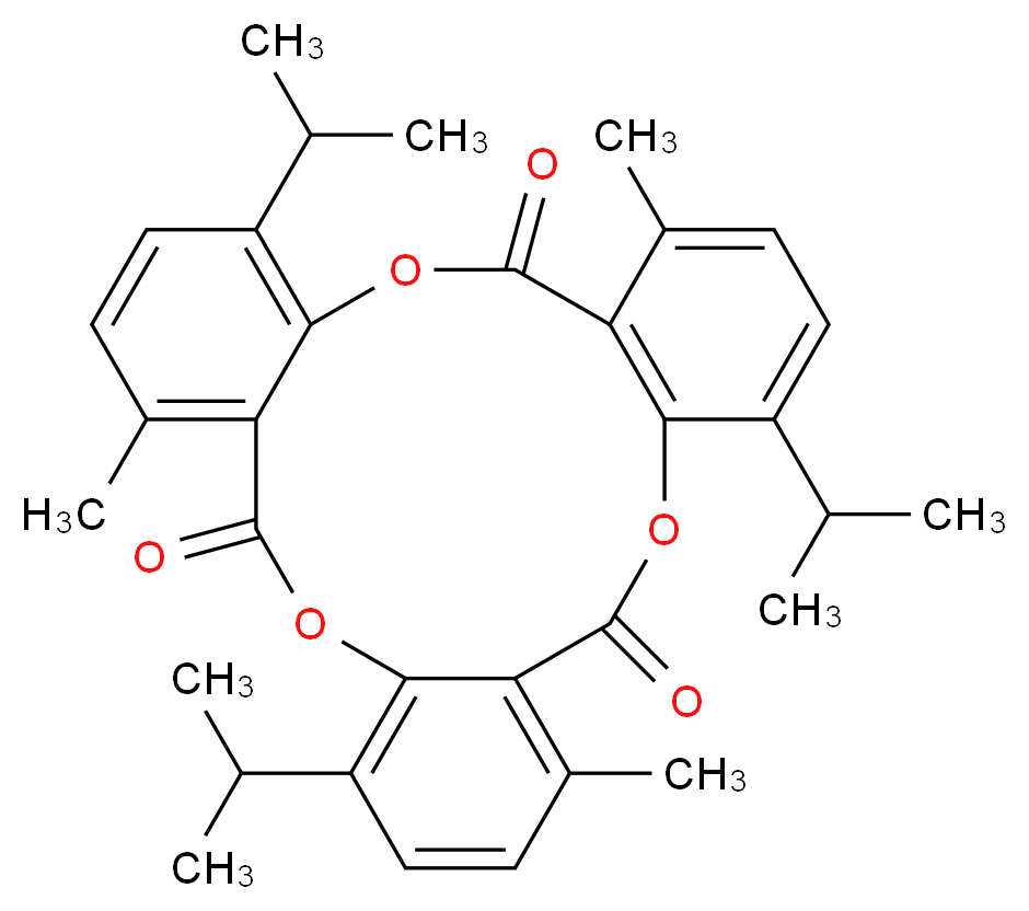 5,13,21-trimethyl-8,16,24-tris(propan-2-yl)-2,10,18-trioxatetracyclo[18.4.0.0<sup>4</sup>,<sup>9</sup>.0<sup>1</sup><sup>2</sup>,<sup>1</sup><sup>7</sup>]tetracosa-1(20),4,6,8,12(17),13,15,21,23-nonaene-3,11,19-trione_分子结构_CAS_4399-52-4