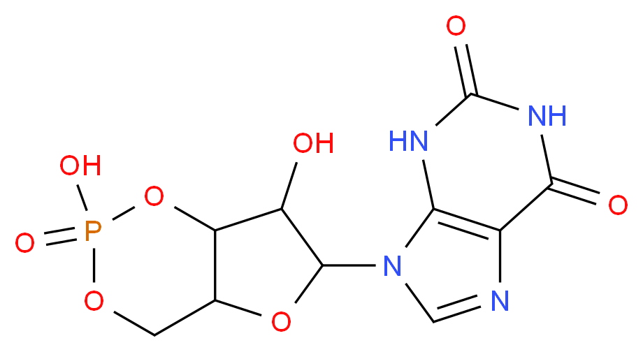 9-{2,7-dihydroxy-2-oxo-hexahydro-1,3,5,2λ<sup>5</sup>-furo[3,2-d][1,3,2λ<sup>5</sup>]dioxaphosphinin-6-yl}-2,3,6,9-tetrahydro-1H-purine-2,6-dione_分子结构_CAS_31319-70-7