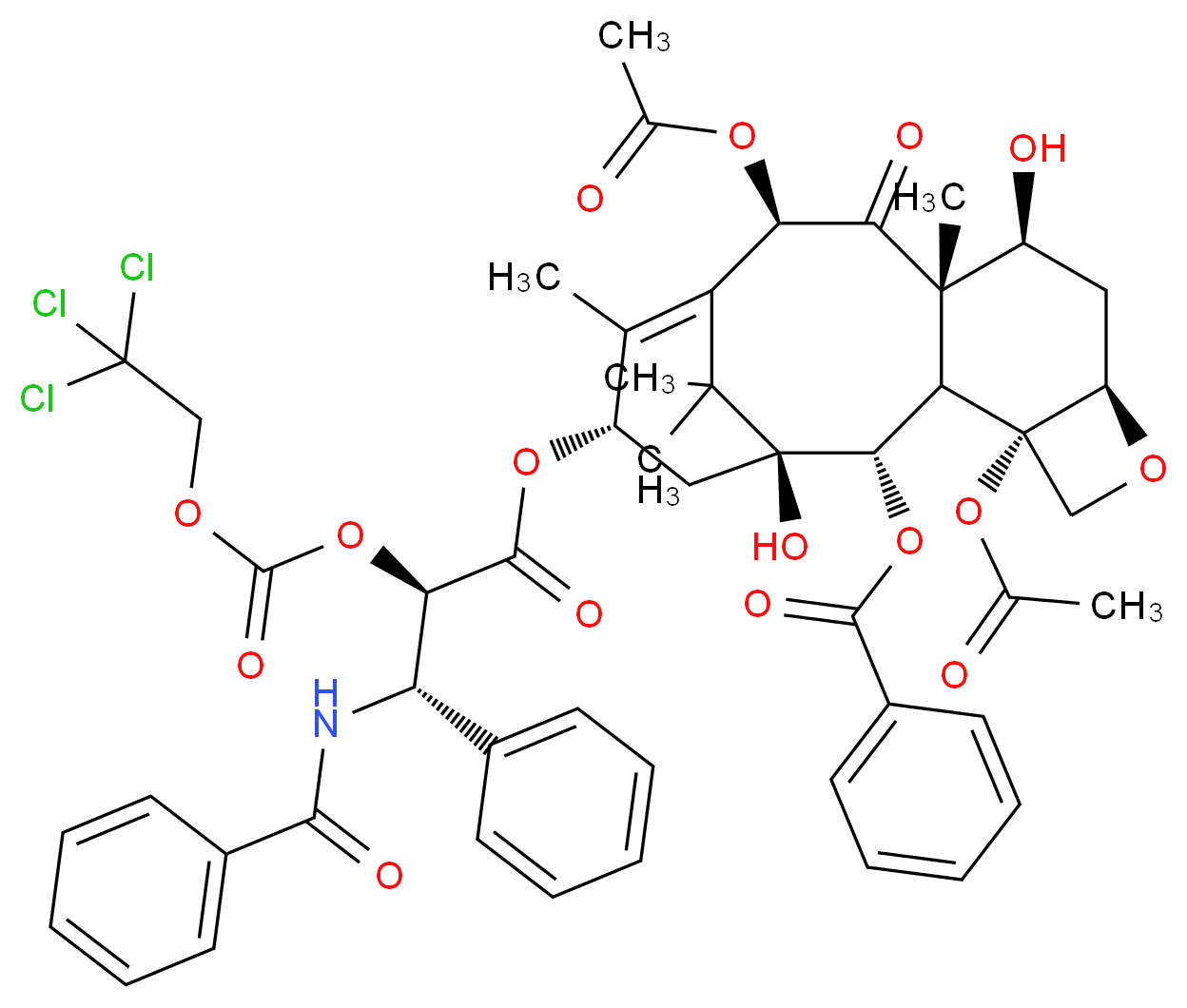 (1S,2S,3R,4S,7R,9S,10S,12R,15S)-4,12-bis(acetyloxy)-1,9-dihydroxy-10,14,17,17-tetramethyl-11-oxo-15-{[(2R,3S)-3-phenyl-3-(phenylformamido)-2-{[(2,2,2-trichloroethoxy)carbonyl]oxy}propanoyl]oxy}-6-oxatetracyclo[11.3.1.0<sup>3</sup>,<sup>1</sup><sup>0</sup>.0<sup>4</sup>,<sup>7</sup>]heptadec-13-en-2-yl benzoate_分子结构_CAS_100431-55-8