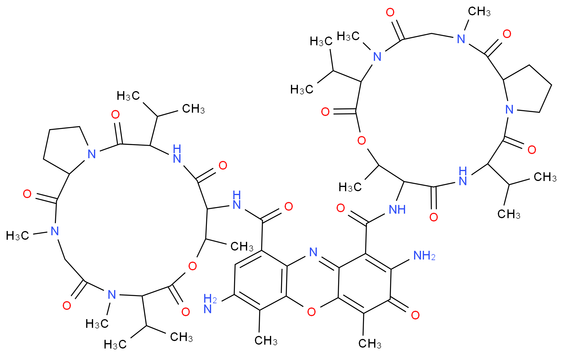 2,7-diamino-4,6-dimethyl-3-oxo-1-N,9-N-bis[2,5,9-trimethyl-1,4,7,11,14-pentaoxo-6,13-bis(propan-2-yl)-hexadecahydro-1H-pyrrolo[2,1-i]1-oxa-4,7,10,13-tetraazacyclohexadecan-10-yl]-3H-phenoxazine-1,9-dicarboxamide_分子结构_CAS_7240-37-1